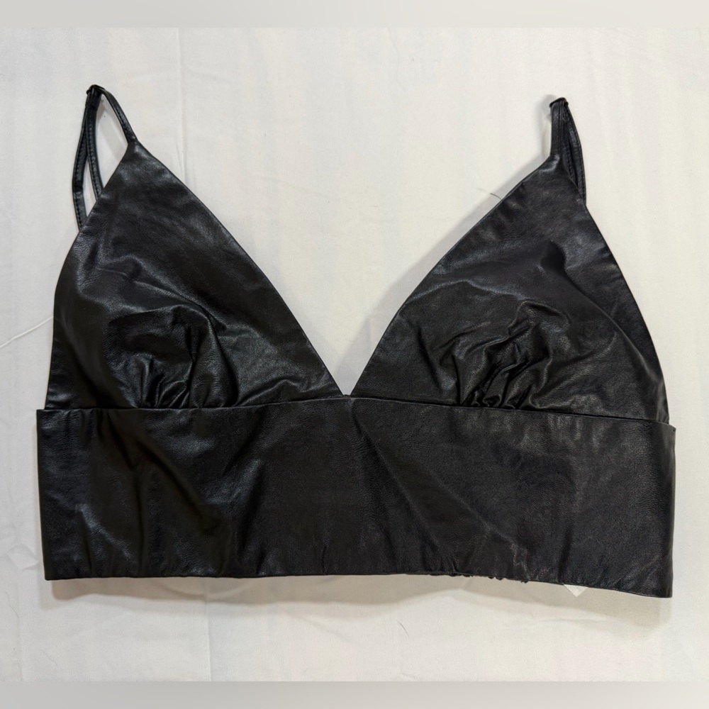 Signature8 Black Faux Leather Ruched Bralette Cropped Top Sz M NWT